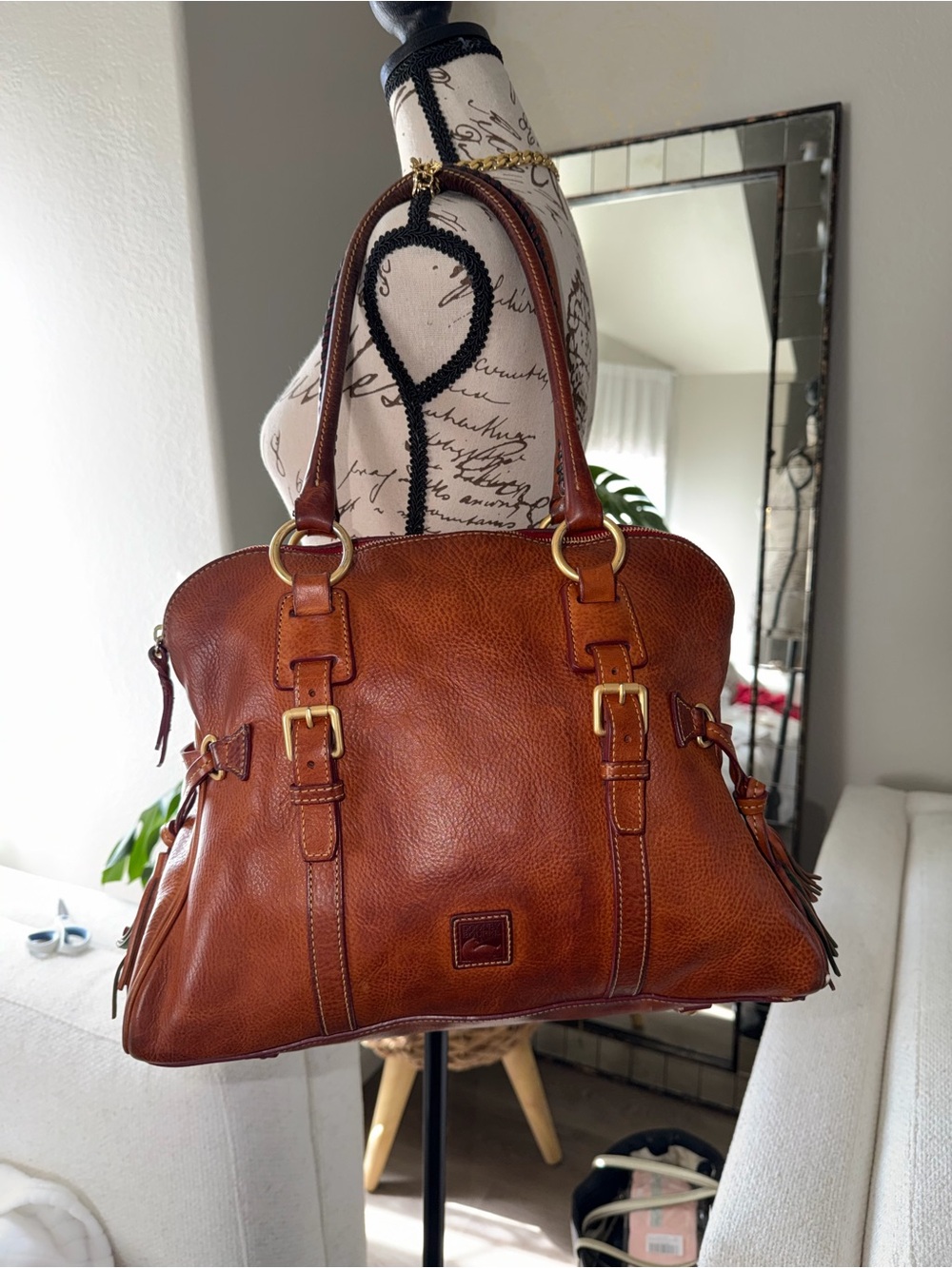 Dooney & Bourke Florentine leather domed buckle satchel in chestnut/cognac